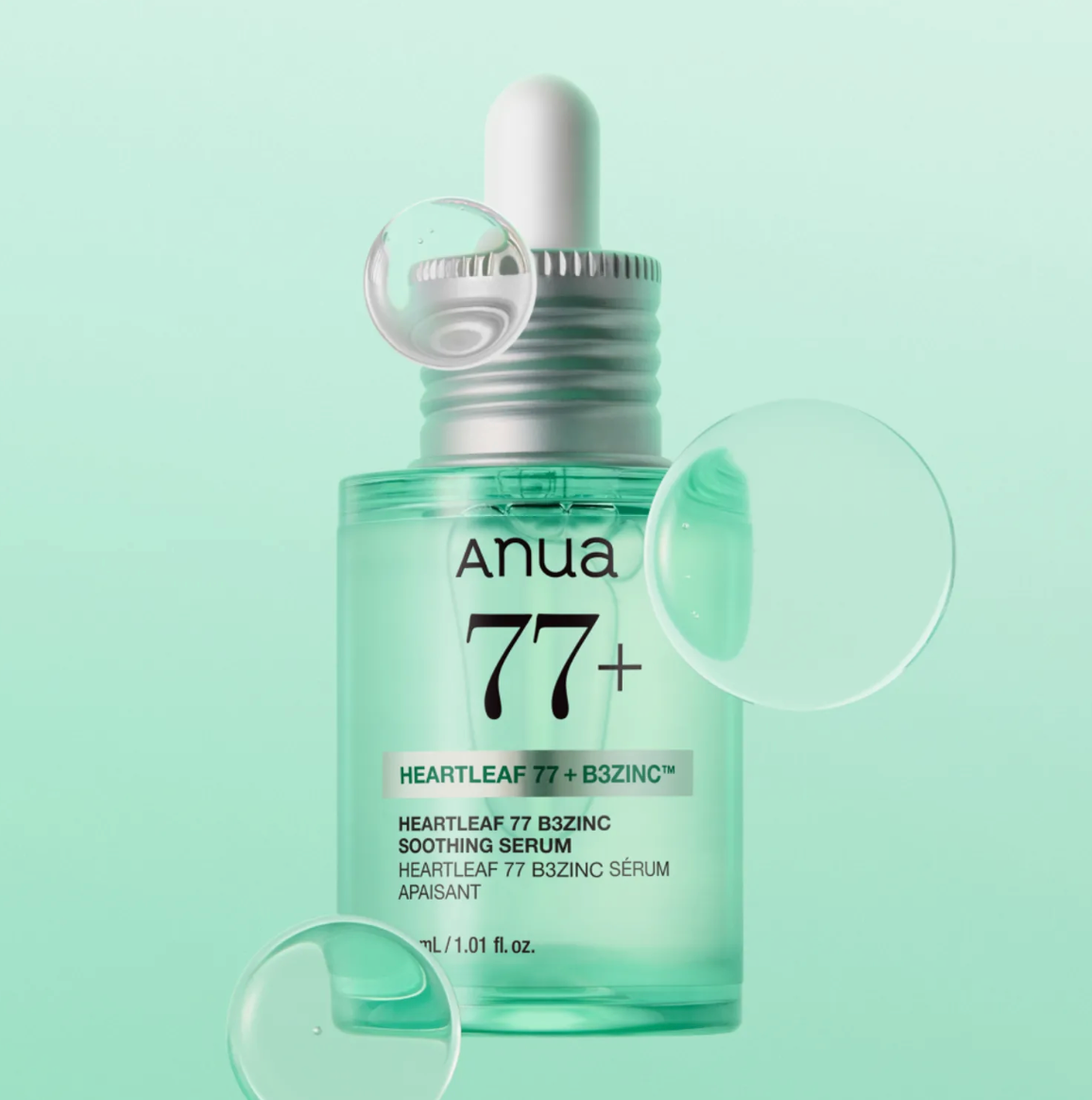 Anua Heartleaf 77% B3 Zinc Soothing Serum, a niacinamide and heartleaf serum that calms and balances skin.