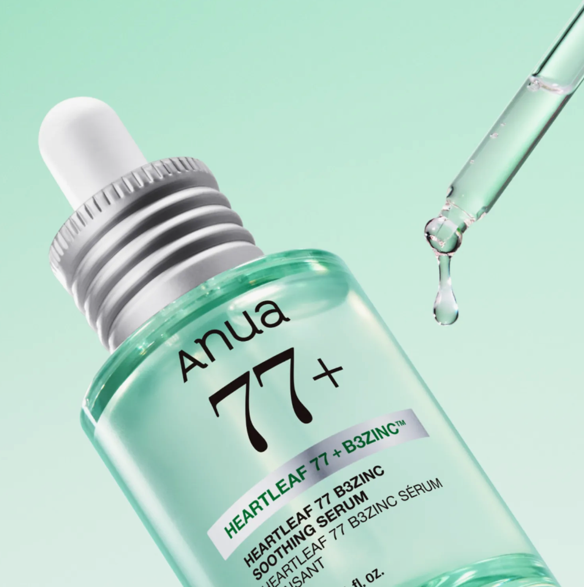 Anua Heartleaf 77% B3 Zinc Soothing Serum, a niacinamide and heartleaf serum that calms and balances skin.