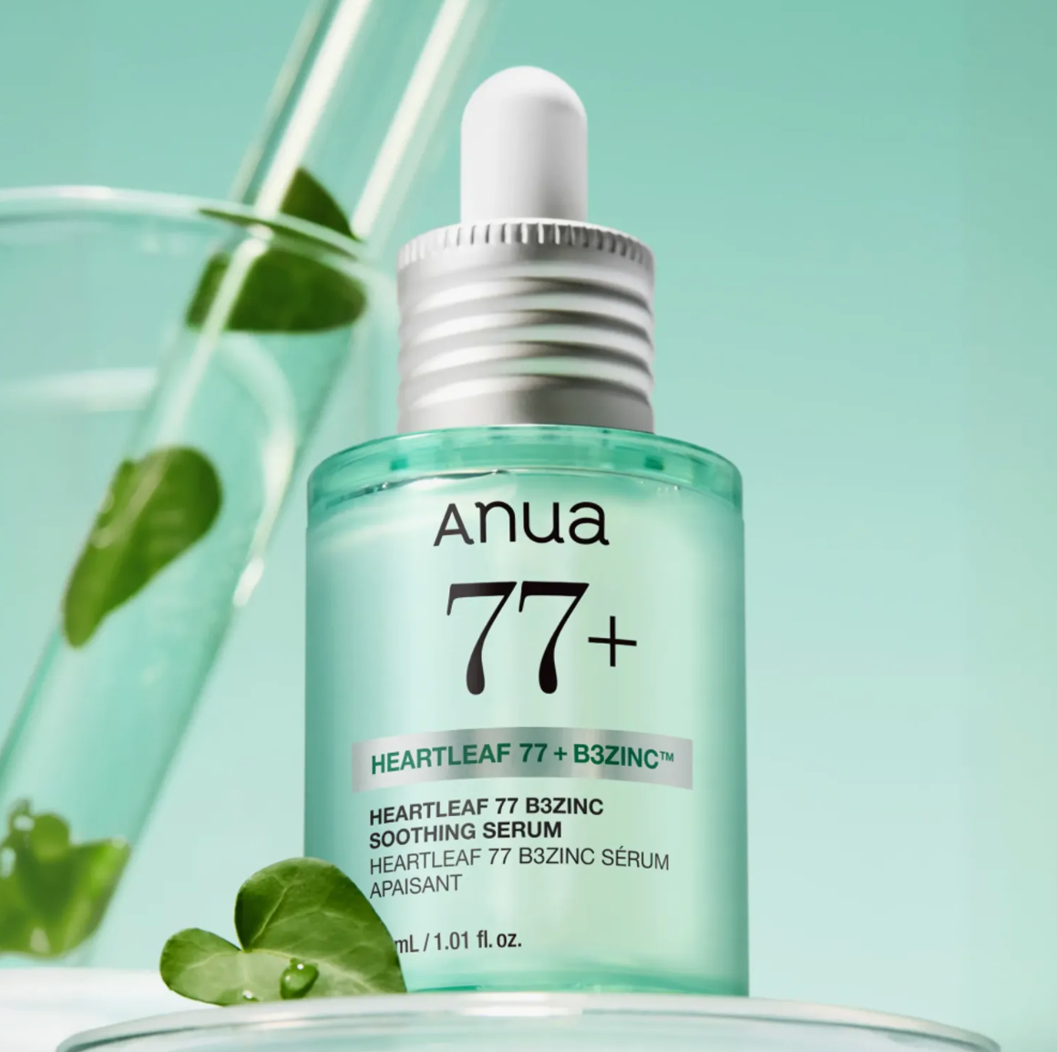 Anua Heartleaf 77% B3 Zinc Soothing Serum, a niacinamide and heartleaf serum that calms and balances skin.