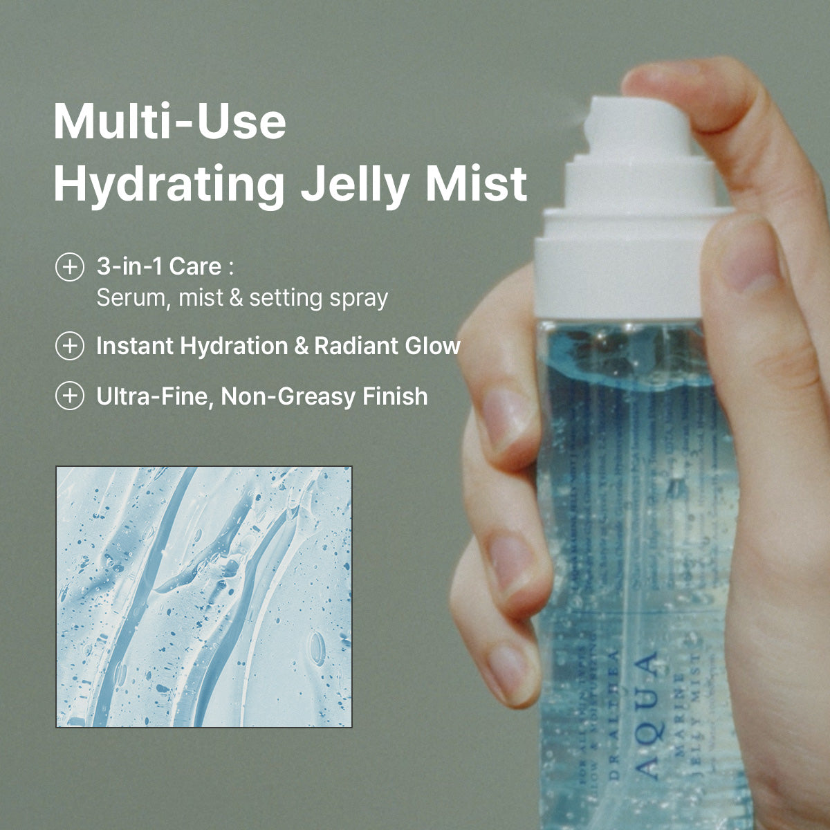 Dr. Althea Aqua Marine Jelly Mist, a hyaluronic acid and PDRN hydrating facial mist.