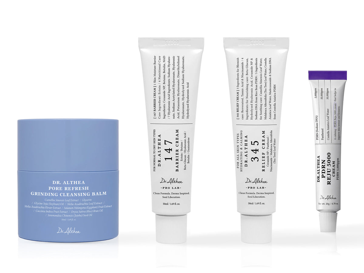 Dr. Althea The Glow Set, a 4-piece kit with cleansing balm, 147 Barrier Cream, 345 Relief Cream, and PDRN Reju 5000 Cream.