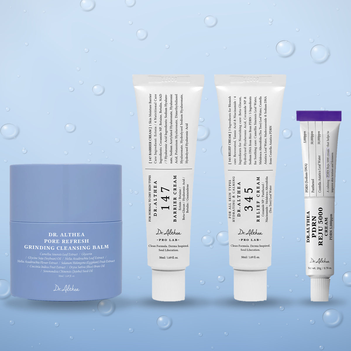 Dr. Althea The Glow Set, a 4-piece kit with cleansing balm, 147 Barrier Cream, 345 Relief Cream, and PDRN Reju 5000 Cream.