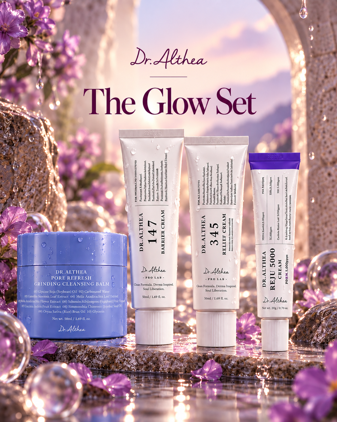 Dr. Althea The Glow Set, a 4-piece kit with cleansing balm, 147 Barrier Cream, 345 Relief Cream, and PDRN Reju 5000 Cream.