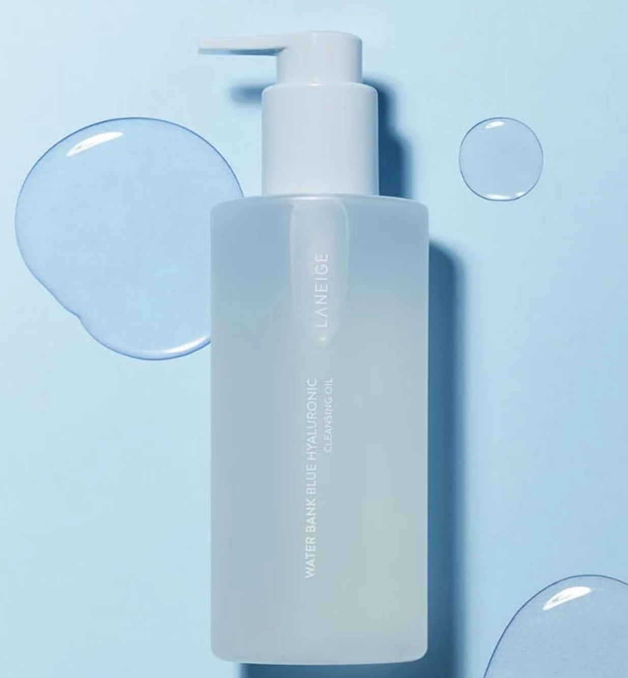 Laneige Water Bank Blue Hyaluronic Cleansing Oil, a hydrating oil cleanser that melts away makeup and impurities.