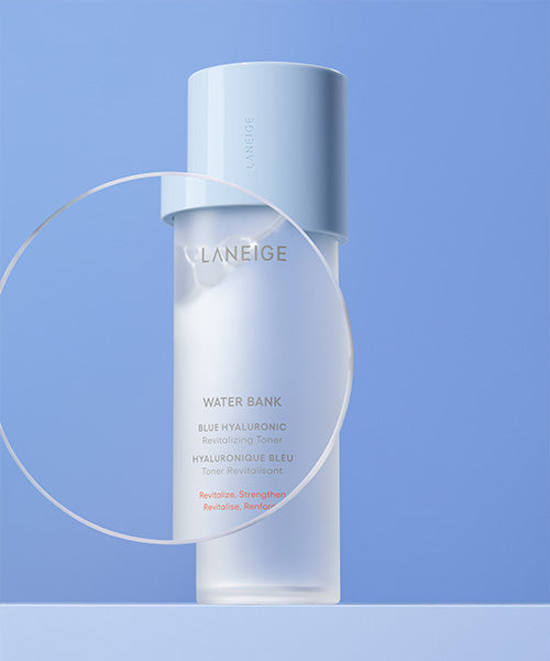 Laneige Water Bank Blue Hyaluronic Essence Toner, a hydrating essence toner with blue hyaluronic acid and niacinamide.