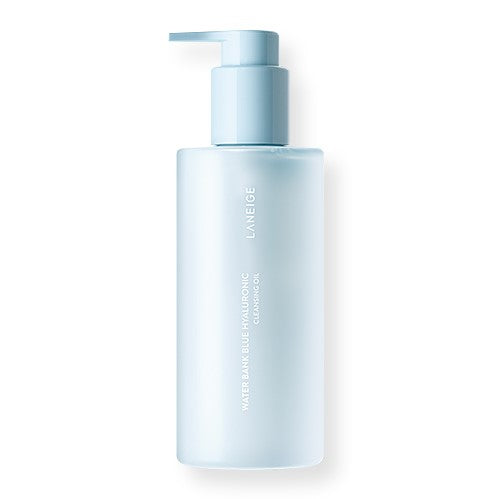 Laneige Water Bank Blue Hyaluronic Cleansing Oil, a hydrating oil cleanser that melts away makeup and impurities.