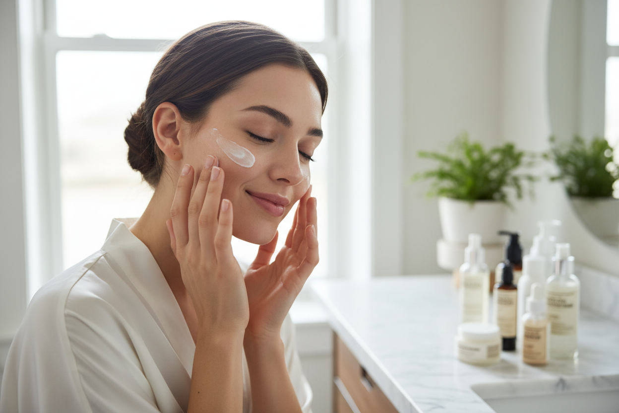 a beautiful girl putting skincare on her face